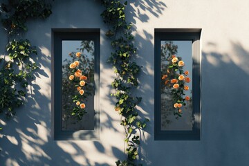 Light-filled windows with climbing roses