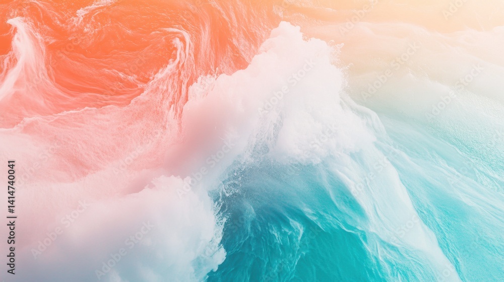 Poster abstract aerial view of ocean waves with vibrant coral and turquoise hues creating a dynamic and cal