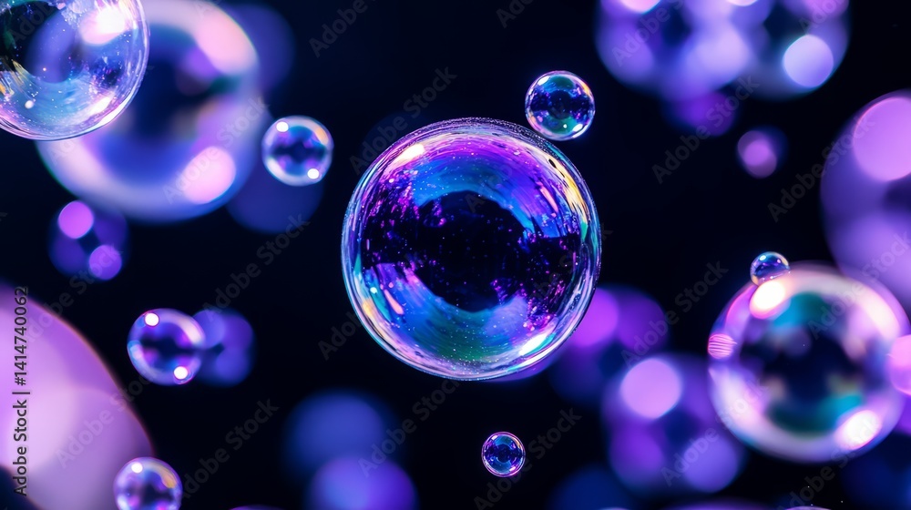Poster colorful soap bubbles floating against a dark background creating a mesmerizing visual effect