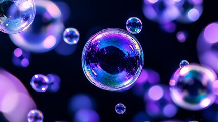 Colorful soap bubbles floating against a dark background creating a mesmerizing visual effect