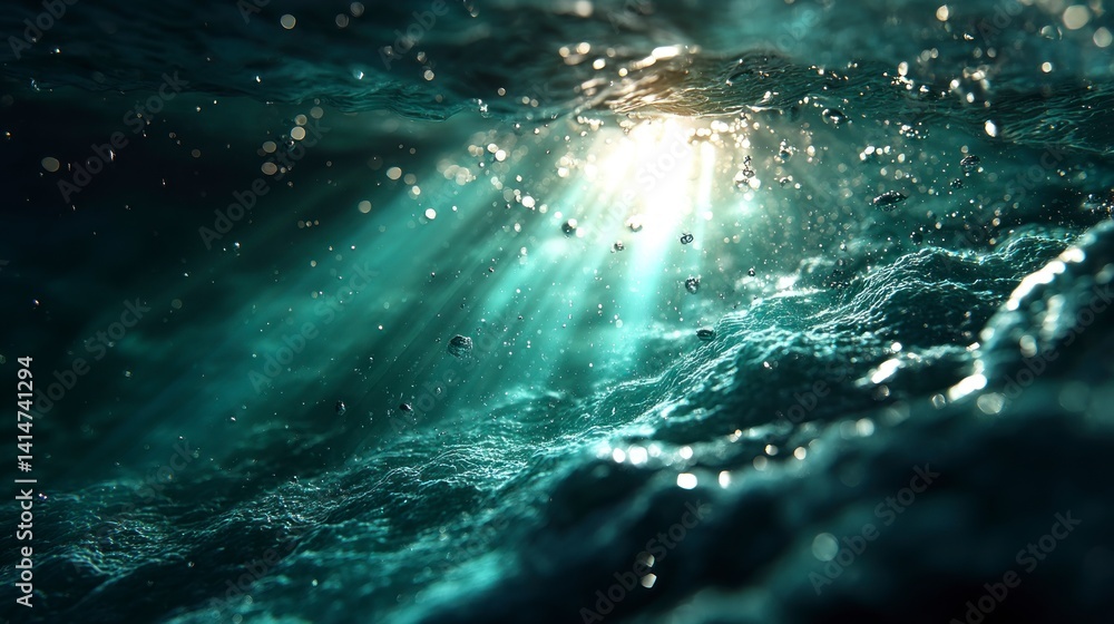 Poster sunlight streaming underwater creating rays through rippling ocean surface