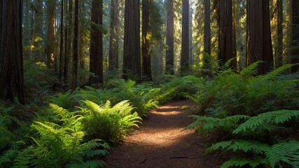 Obraz premium Walking Trail through Lush Green Forest with Ferns and Sunlight