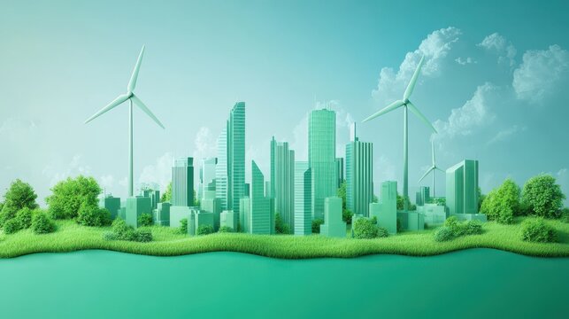 Green city concept. Eco friendly buildings with wind turbines. Sustainable urban development.