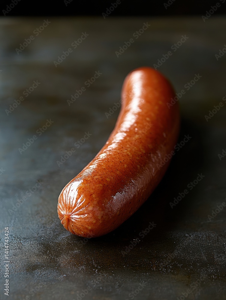 Poster appetizing single sausage on dark surface capturing culinary delight with simple composition and rus