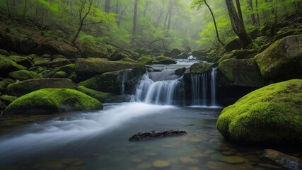 Cascading Waterfall Flows Through Mossy Rocks in Lush Green Forest