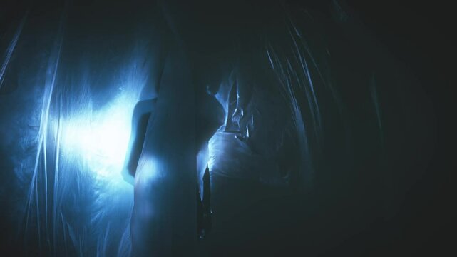 dark silhouette fantasy woman ghost goes through the curtains, blue moon light night room full smoke. Gothic evil Girl fashion model sexy black dress. film fly wind slow motion storm rain lightning 