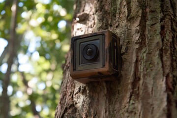 Camouflaged trail camera recording wildlife activity, attached to the bark of a tree in a lush forest environment
