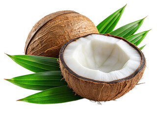 Fresh coconut halves resting on green leaves, showcasing the creamy flesh inside.