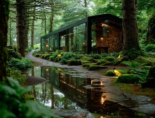 Modern Glass House Surrounded by Lush Forest and Reflection in Water