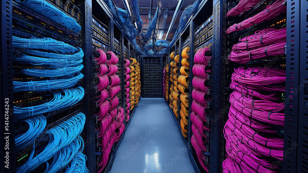 Poster illuminated data racks in a server room displaying advanced technology and intricate cable organizat