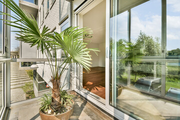 A vibrant indoor space featuring a lush green plant beside large glass windows, blending indoor...