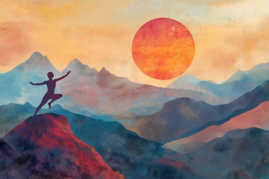 Yoga instructor practicing sun salutation on top of a mountain with a large setting sun in the background