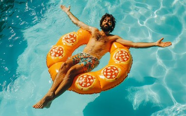 A man enjoying a summer day floating on an orange inflatable tube in a clear blue pool creating a joyful and relaxed atmosphere with vibrant colors and playful energy