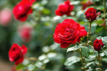 Obraz premium Flower Roses. Red Roses Blooming on Plant in the Outdoors