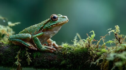 Obraz premium Green frog on mossy branch