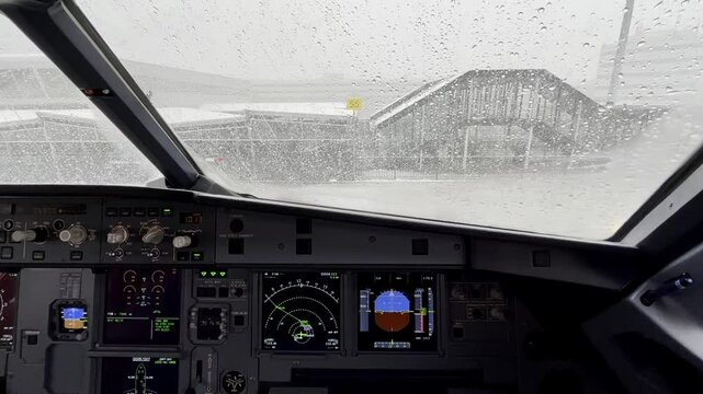 flight deck view over the snowy airport in the winter