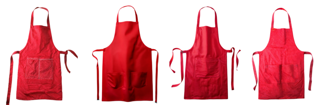 Set of vibrant red aprons, perfect for cooking or crafting activities at home.