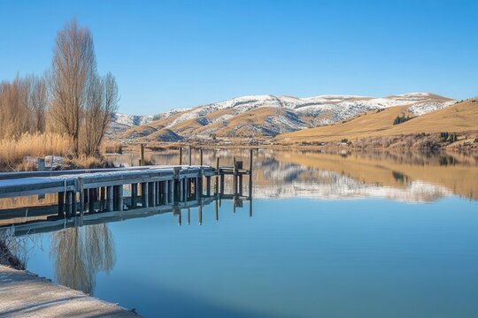 Serene lake reflection of snowy mountains and clear blue sky with wooden pier in winter landscape