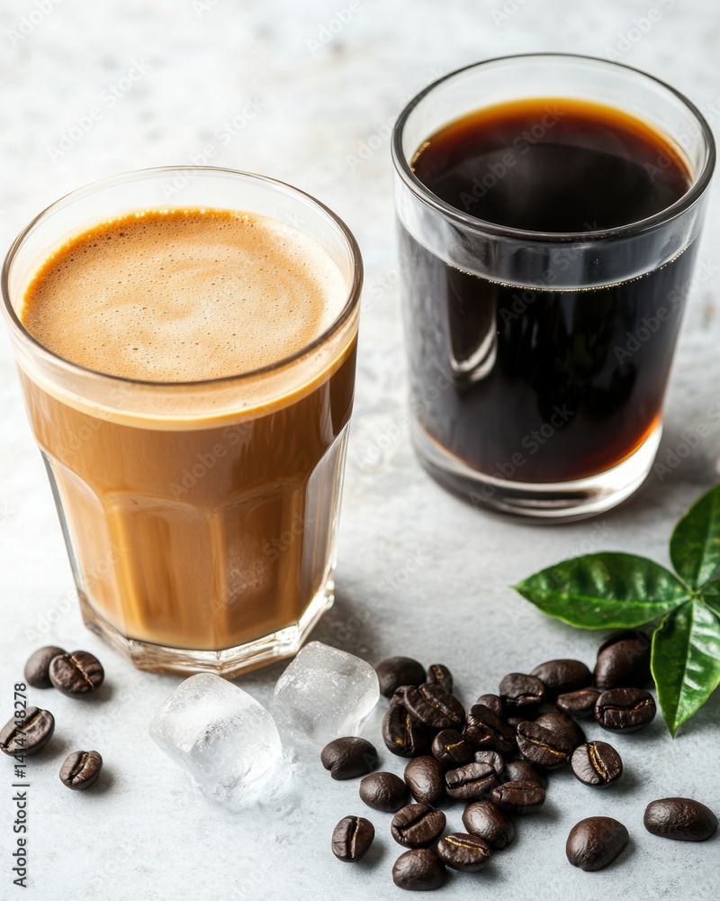 Poster two glasses with coffee and ice cubes on a gray background showcasing a refreshing and inviting scen