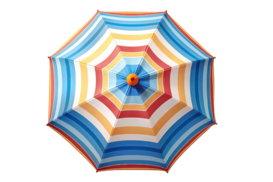 Top view of colorful striped beach umbrella, isolated background