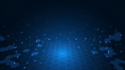 Hexagonal Abstract Technology Blue Background. Hexagons Pattern for Hi-Tech Communication Design. Hi-tech Cyber Hexagon Sci-Fi Game Banner Grid. Vector Illustration.
