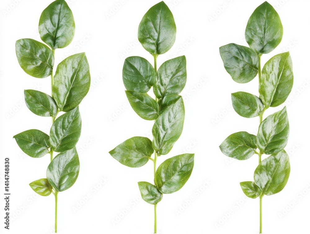 Poster fresh green leaves on white background creating a natural and vibrant botanical pattern in a studio 