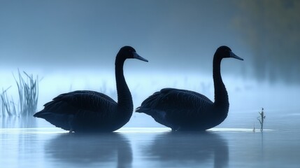 Obraz premium Enigmatic Swan Serenade: Two ebony swans glide gracefully across a serene, misty lake, their sleek forms silhouetted against a backdrop of hushed tranquility. A glimpse into the world of peace.