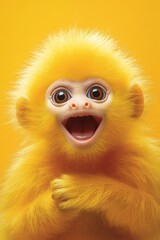 Fototapeta premium Surprised golden monkey with big eyes and open mouth portrait, isolated on yellow background