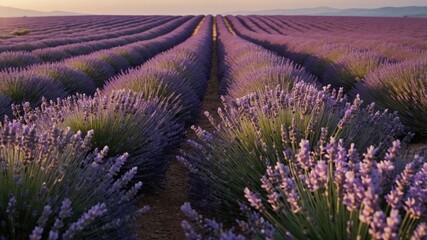 Obraz premium Lavender Field Blooming at Dusk Rows of Purple Flowers Landscape
