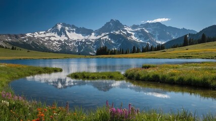 Fototapeta premium Scenic Mountain Lake Reflecting Snow-Capped Peaks and Wildflower Meadow
