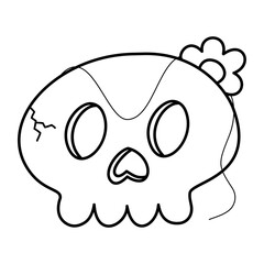 kawaii skull with flower doodle outline