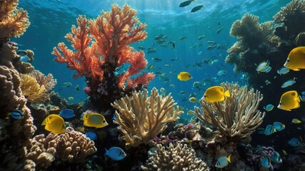 Fototapeta premium Fish Swimming Among Colorful Coral Reefs in a Tropical Sea