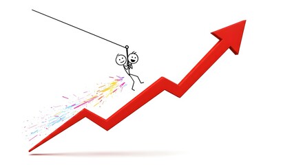 Stick figures riding a red arrow pointing upwards with colorful sparks on a white background