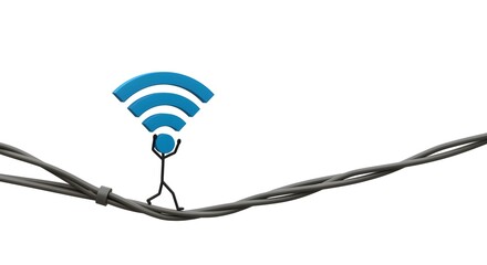 A stick figure balancing on wires while holding a blue wifi symbol against a white background