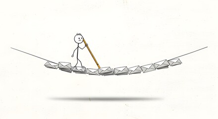 A stick figure balancing on envelopes strung between lines with a balancing pole in a white space