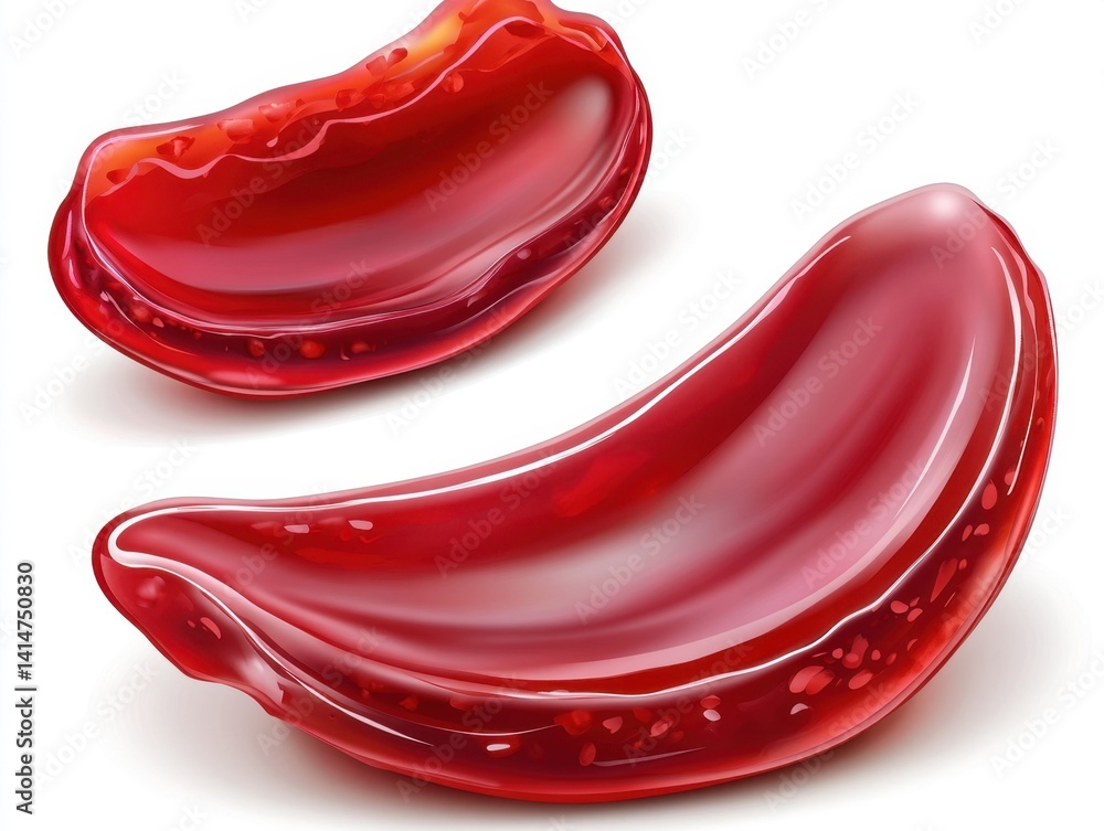 Poster two glossy red slices on white background depicting a viscous liquid with a smooth and reflective su