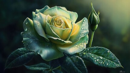 Rose in Bloom with Dewdrops and Soft Sunlight – High Detail, Dreamy Glow Effect and Elegance