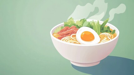 Steaming bowl of ramen noodles with egg, meat, and vegetables.