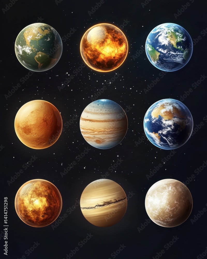 Poster diverse planets arranged in a grid formation against a dark cosmic background creating a celestial d