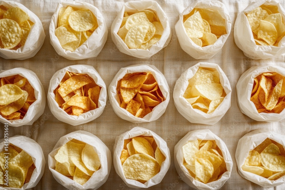 Poster Elevated view of assorted potato chips in white paper bags arranged on a textured linen surface creating a visually appealing snack presentation