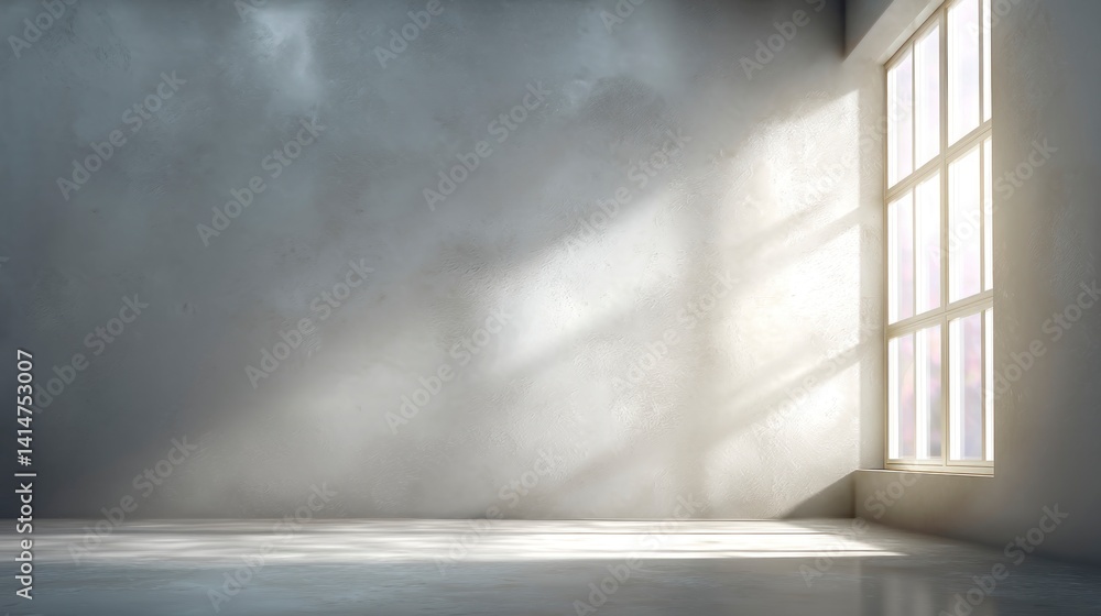 Poster sunlight streaming through window illuminates empty room with concrete floor