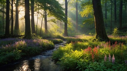 Obraz premium Flowing Stream Through Lush Forest with Sunlight and Blooming Flowers