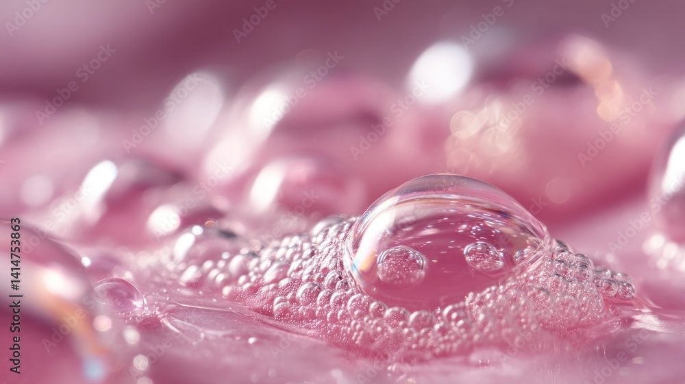 Poster water drop macro on pink surface with bubbles and reflections
