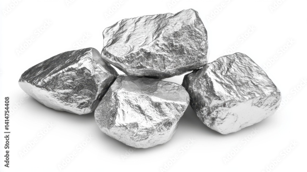 Poster shiny silver nuggets stacked on white backdrop capturing metallic texture and reflective surface in 