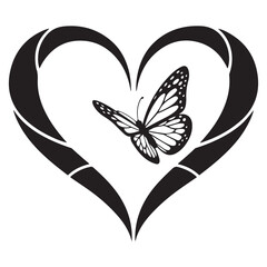 Vector Black silhouettes heart frame with butterfly. with white background