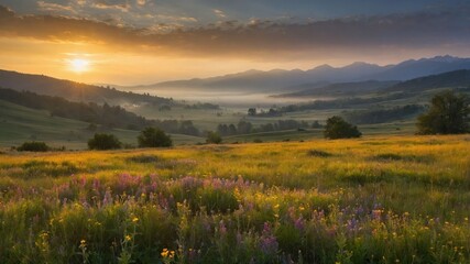 Obraz premium Sunrise over Mountain Valley with Fog and Wildflowers in Meadow