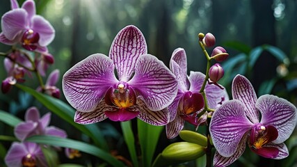 Purple Orchid Blossoms Displaying Delicate Veins in Lush Garden Setting