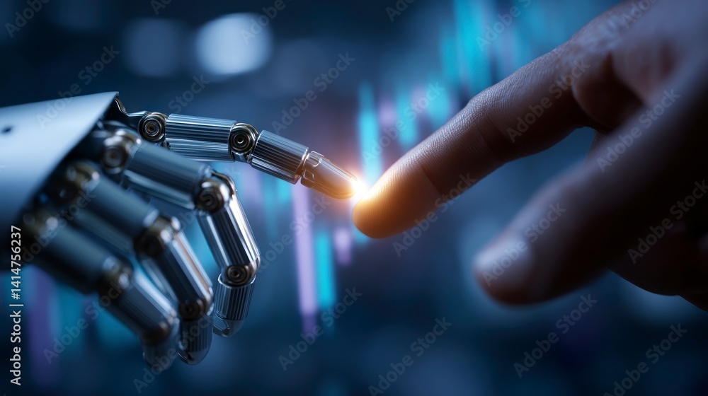 Aufkleber robot and human finger touching with abstract background technology concept