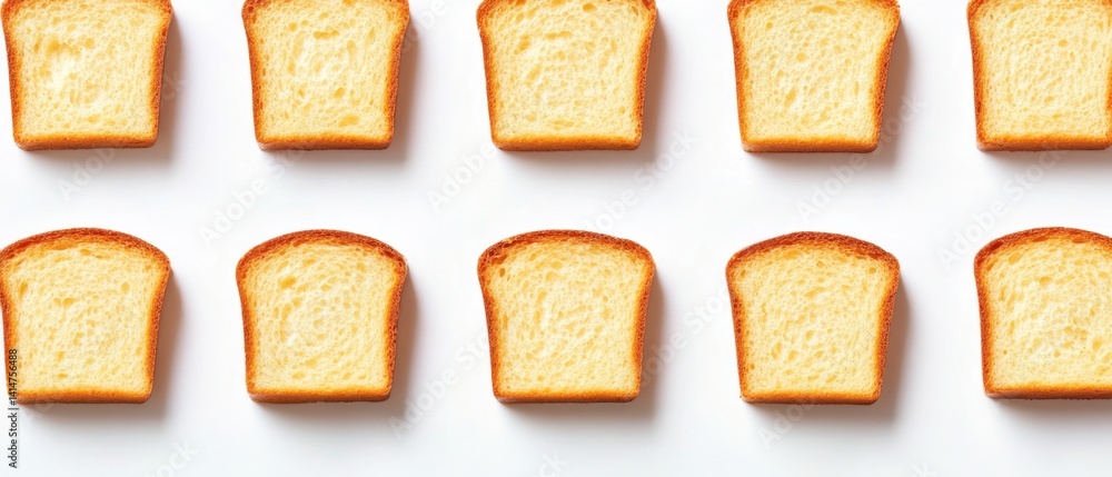 Poster slices of golden toast arranged in rows on a white background for a breakfast or snack concept with 