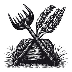 Vintage Woodcut Illustration of Farming Tools and Wheat Stalks
